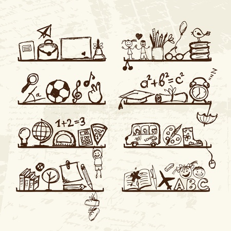 Objects for school on shelves, sketch drawing for your design のイラスト素材