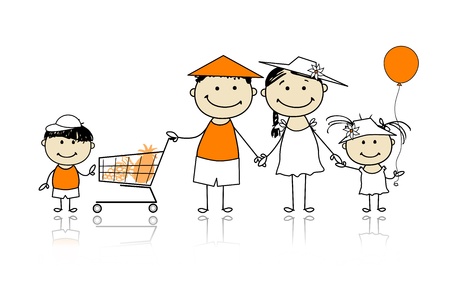 Summer holidays  Happy family with shopping basket for your designのイラスト素材