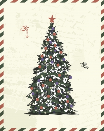 Retro postcard with christmas tree, sketch for your design のイラスト素材