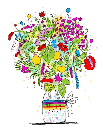 Floral bouquet in jar, sketch for your designのイラスト素材