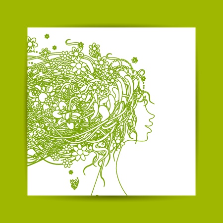 Woman head with floral hairstyle, postcard for your design のイラスト素材