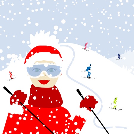 Girl skiing, winter mountain landscapeのイラスト素材