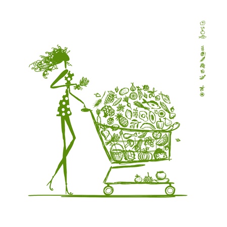 Woman shopping with food trolley in supermarketのイラスト素材