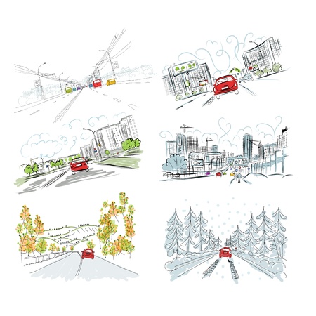 Cars on city road, set of hand drawn illustrations   のイラスト素材