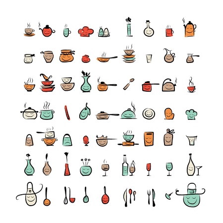 Kitchen utensils characters, sketch drawing icons for your designのイラスト素材