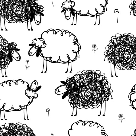 Black and white sheeps on meadow, seamless pattern for your designのイラスト素材