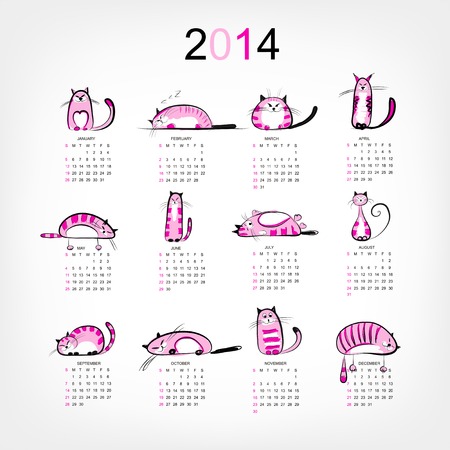 Calendar 2014 with 12 funny pink catsのイラスト素材