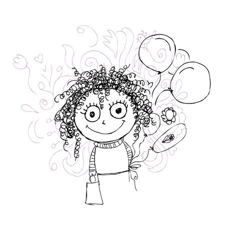 Curly girl sketch with balloons for your designのイラスト素材