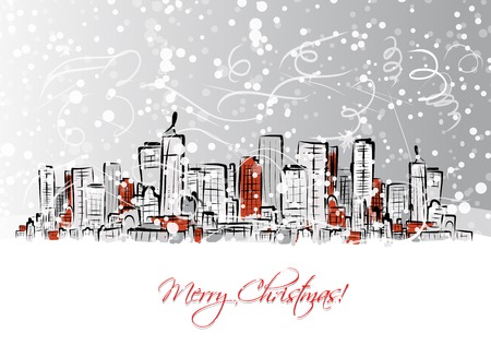 Merry christmas postcard with cityscape backgroundのイラスト素材