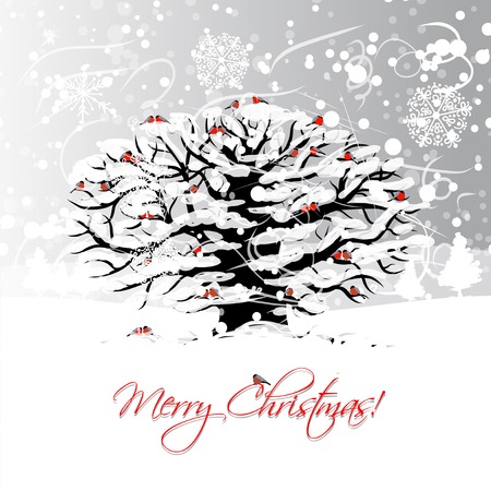 Christmas card design with winter tree and bullfinchesのイラスト素材