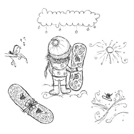 Cute girl with snowboard, sketch for your designのイラスト素材
