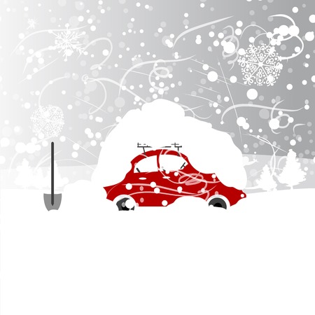 Car with snowbank on roof, winter blizzardのイラスト素材