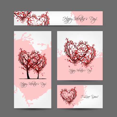 Set of valentine cards design with sakura treesのイラスト素材