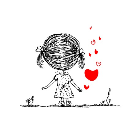Girl with red heart, valentine card sketch for your designのイラスト素材