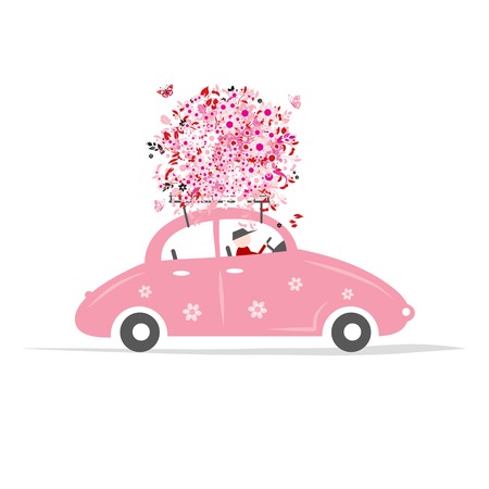 Man driving pink car with floral bouquet on roofのイラスト素材