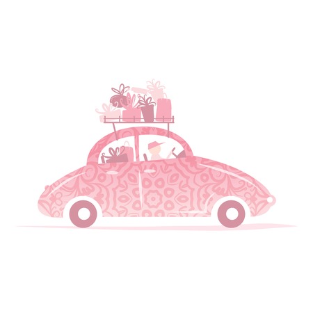 Man driving pink car with gifts on roofのイラスト素材