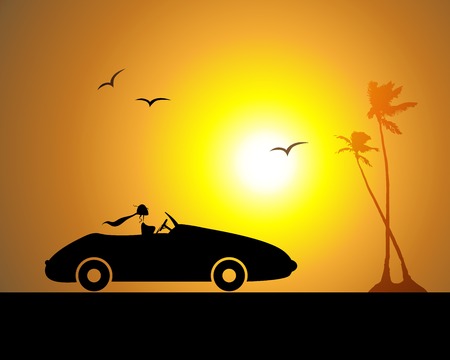 Woman driving car, sunsetのイラスト素材