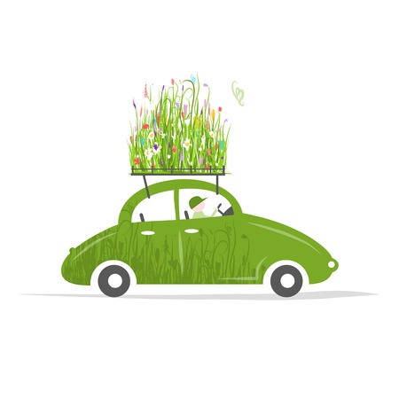 Cottager driving green car with plants on roofのイラスト素材