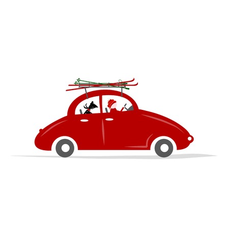Man and dog in red car with skis on the roof rackのイラスト素材