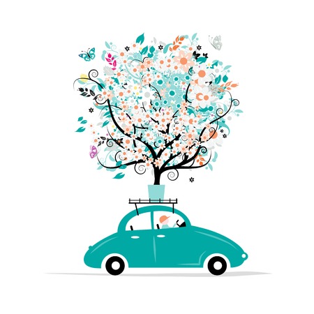 Floral tree on the car roofのイラスト素材
