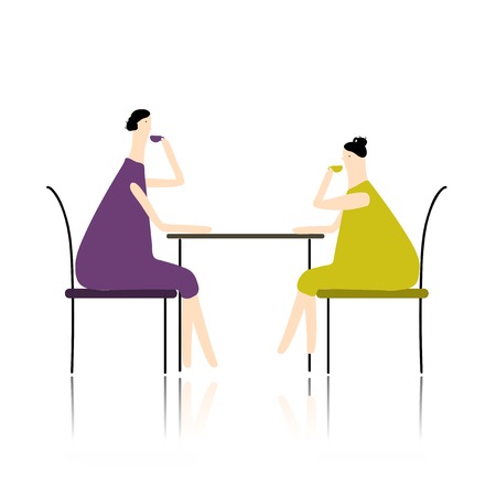 Women drink tea in cafe, sketch for your designのイラスト素材