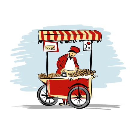 Pitchman with cart of food for your designのイラスト素材