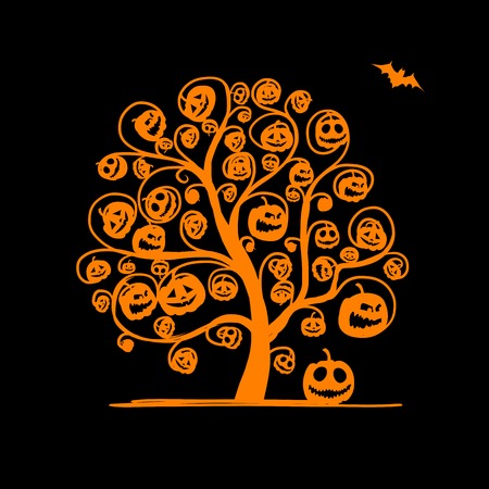 Halloween tree with pumpkins, sketch for your design. Vector illustrationのイラスト素材
