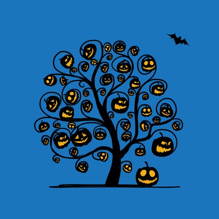 Halloween tree with pumpkins, sketch for your design. Vector illustrationのイラスト素材