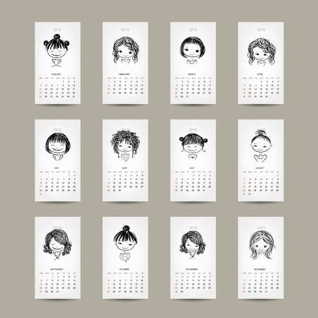 Calendar grid 2015, cute girls designのイラスト素材