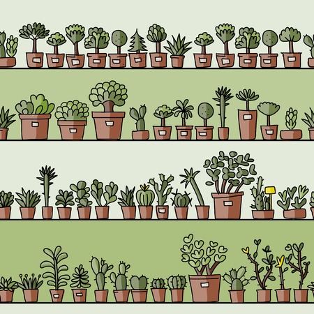 Shelves with cactus in pots, seamless pattern designのイラスト素材