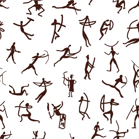 Rock paintings with ethnic people, seamless patternのイラスト素材