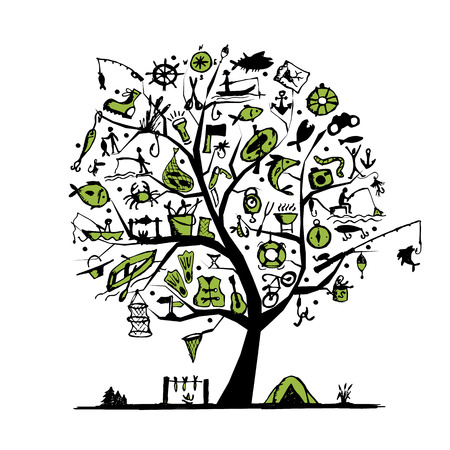 Fishing tree concept, sketch for your design. Vector illustrationのイラスト素材