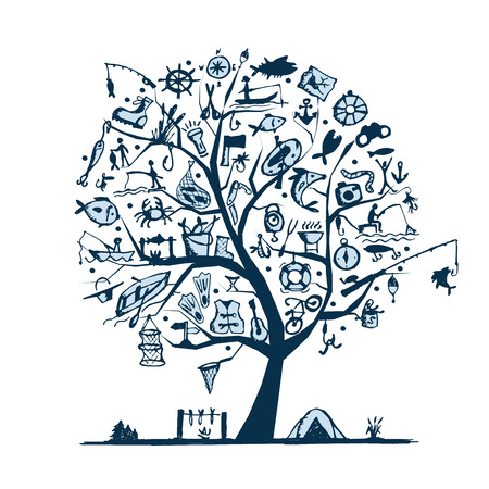 Fishing tree concept, sketch for your design. Vector illustrationのイラスト素材