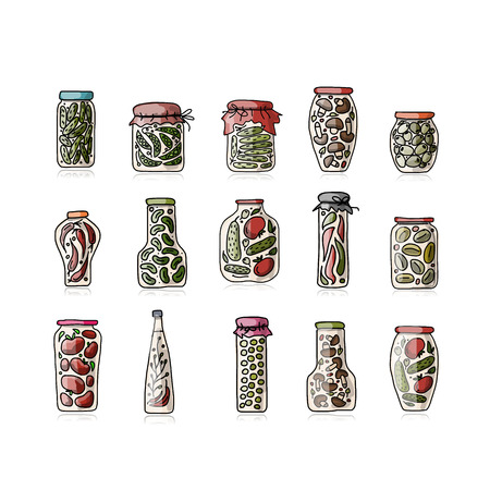 Bank of pickled vegetables, sketch for your design. Vector illustrationのイラスト素材