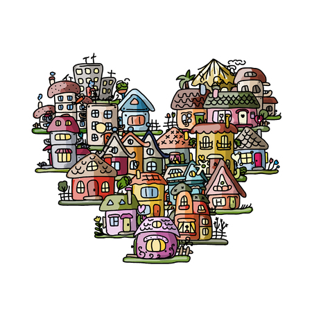 City of love, heart shape sketch for your design. Vector illustrationのイラスト素材