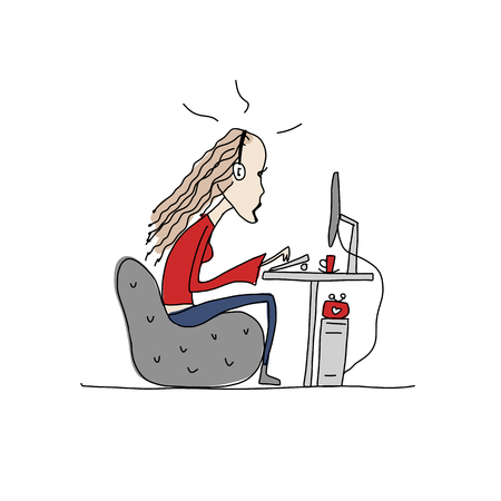 Programmer woman at work, sketch for your design. Vector illustrationのイラスト素材
