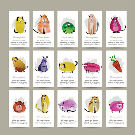 Funny animals, set of cards. Watercolor sketch for your design. Vector illustrationのイラスト素材