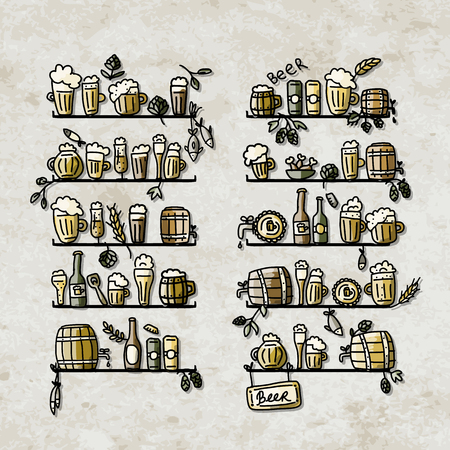 Shelves with beer icons, sketch for your design. Vector illustrationのイラスト素材