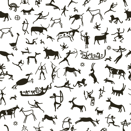Rock paintings with ethnic people, seamless pattern, vector illustrationのイラスト素材
