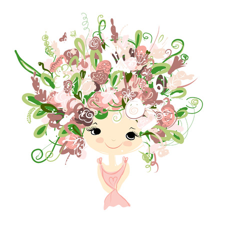 Female portrait with floral hairstyle for your design. Vector illustrationのイラスト素材