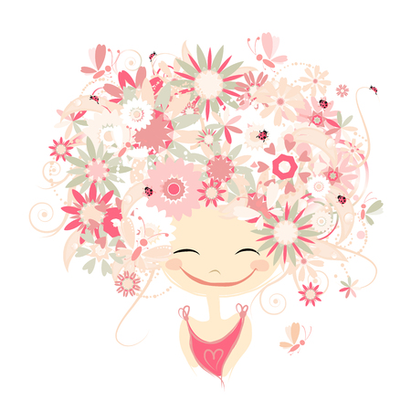 Female portrait with floral hairstyle for your design. Vector illustrationのイラスト素材