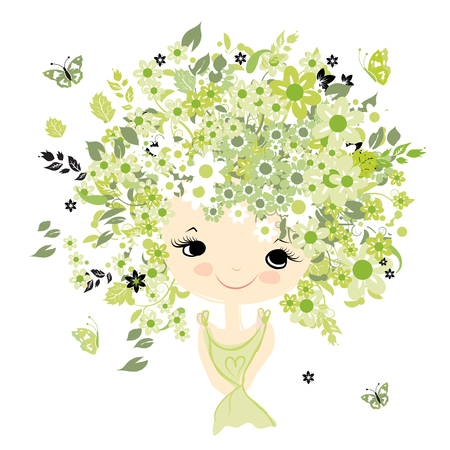 Female portrait with floral hairstyle for your design, vector illustrationのイラスト素材