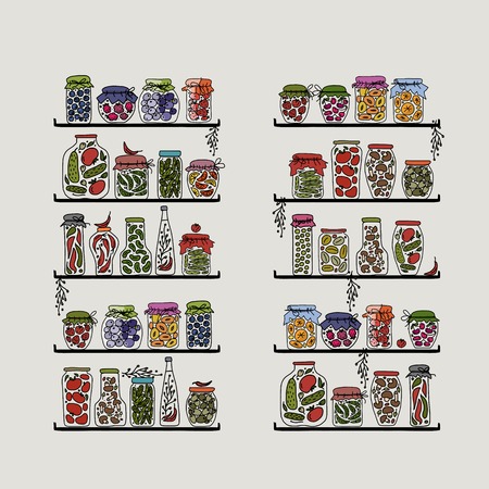 Shelves with pickle jars for your design. Vector illustrationのイラスト素材