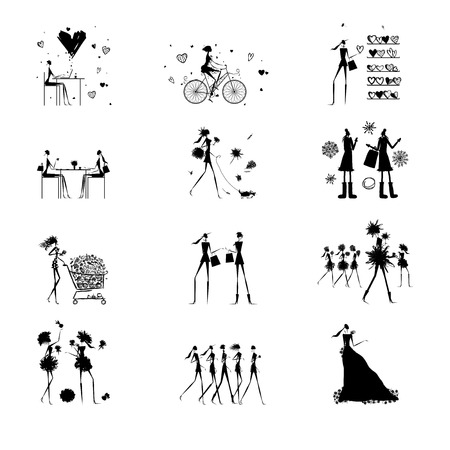 Fashion girls black silhouettes collection. Vector illustrationのイラスト素材