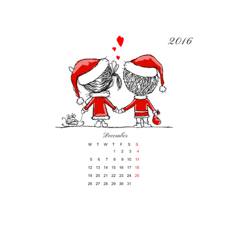Calendar grid 2016 design. Couple in love together. Vector illustrationのイラスト素材