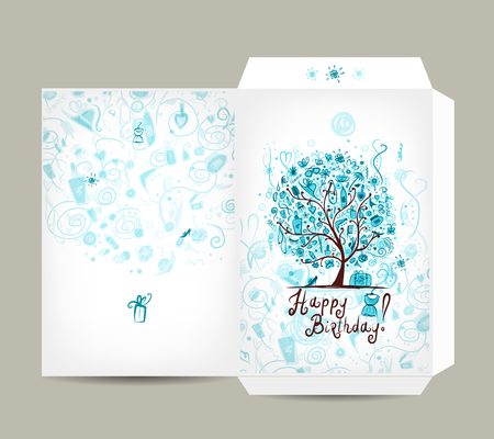 Greeting envelope design, female birthday tree. Vector illustrationのイラスト素材