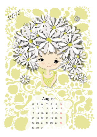 Calendar 2016, august month. Season girls design. Vector illustrationのイラスト素材