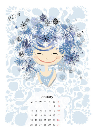 Calendar 2016,  january month. Season girls design. Vector illustrationのイラスト素材
