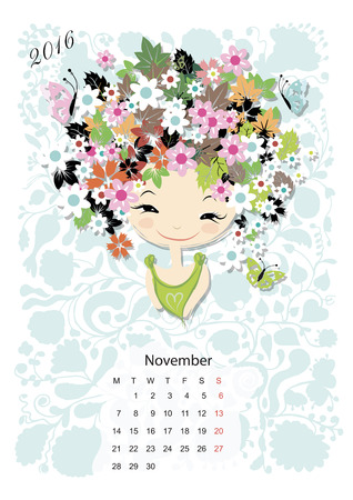 Calendar 2016, november month. Season girls design. Vector illustrationのイラスト素材
