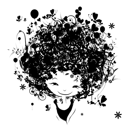Female portrait with floral hairstyle for your design. Vector illustrationのイラスト素材